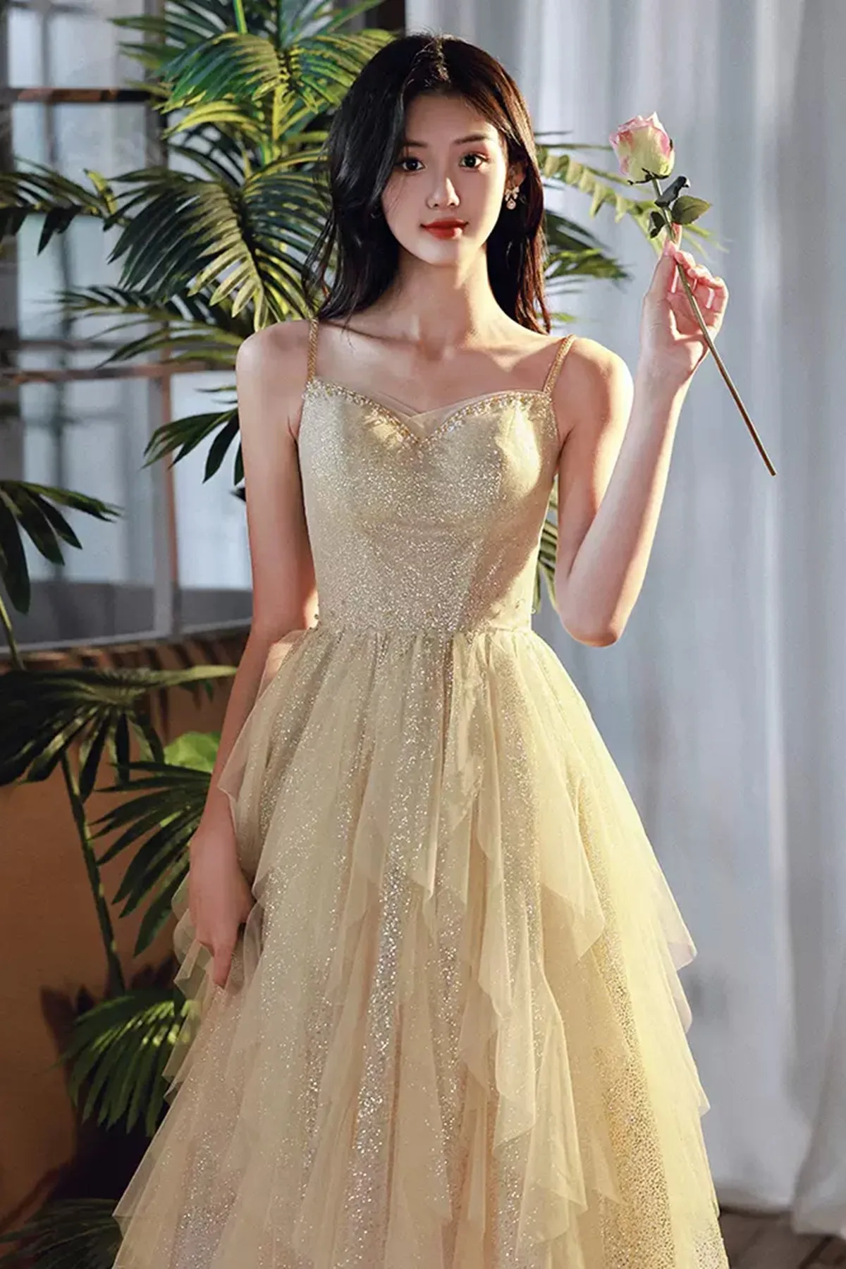 Shiny Champagne Tulle Long Prom Dresses, Layered Champagne Formal Graduation Evening Dresses WT1228