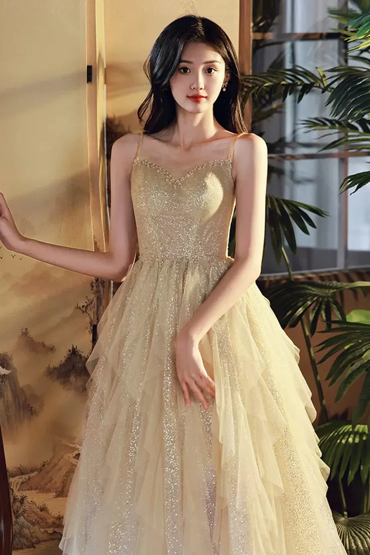 Shiny Champagne Tulle Long Prom Dresses, Layered Champagne Formal Graduation Evening Dresses WT1228