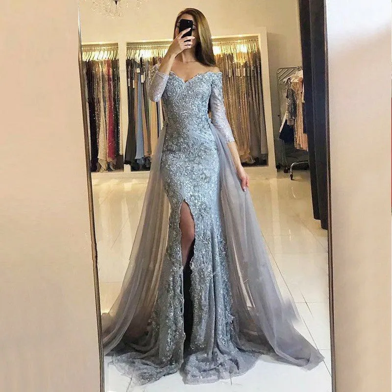 Silver Lace Grey Tulle Off Shoulder Half Sleeve Mermaid Split Long  Prom Dresses,PD00004