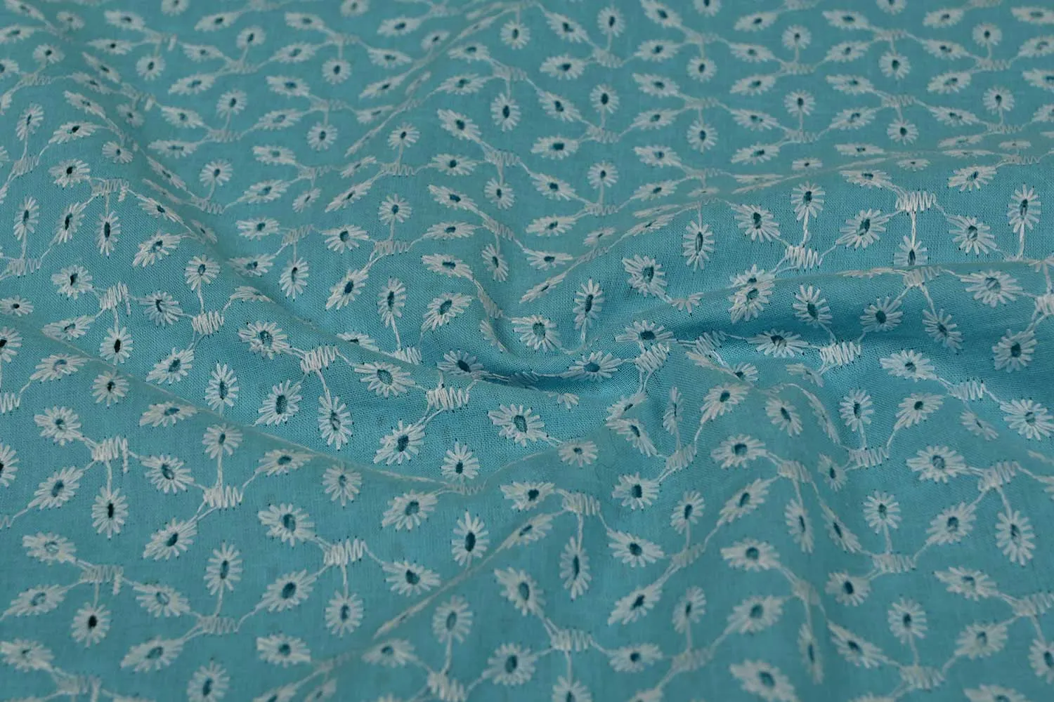 Sky Blue Traditional Embroidered Cotton Chikankari Fabric