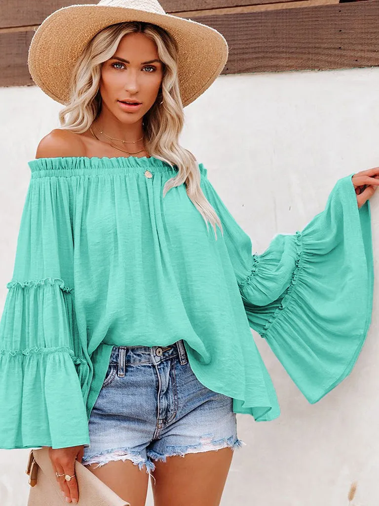 Summer Flowy Off-Shoulder Top  Blouse with Flared Sleeves