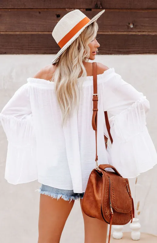 Summer Flowy Off-Shoulder Top  Blouse with Flared Sleeves