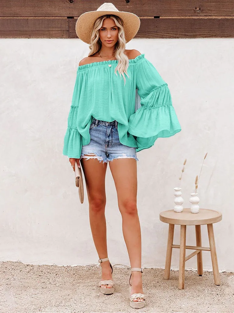 Summer Flowy Off-Shoulder Top  Blouse with Flared Sleeves