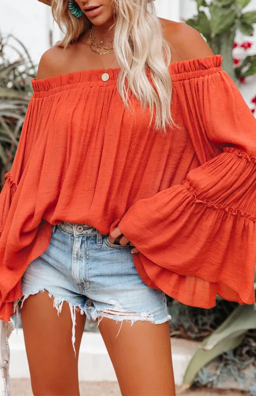 Summer Flowy Off-Shoulder Top  Blouse with Flared Sleeves