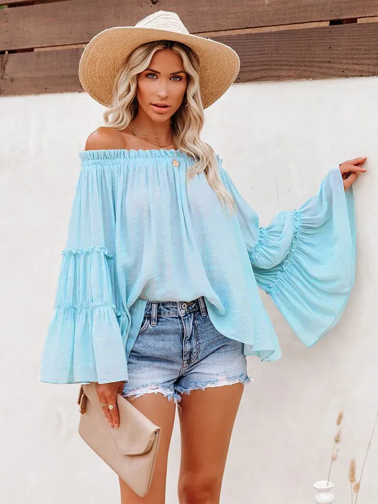 Summer Flowy Off-Shoulder Top  Blouse with Flared Sleeves