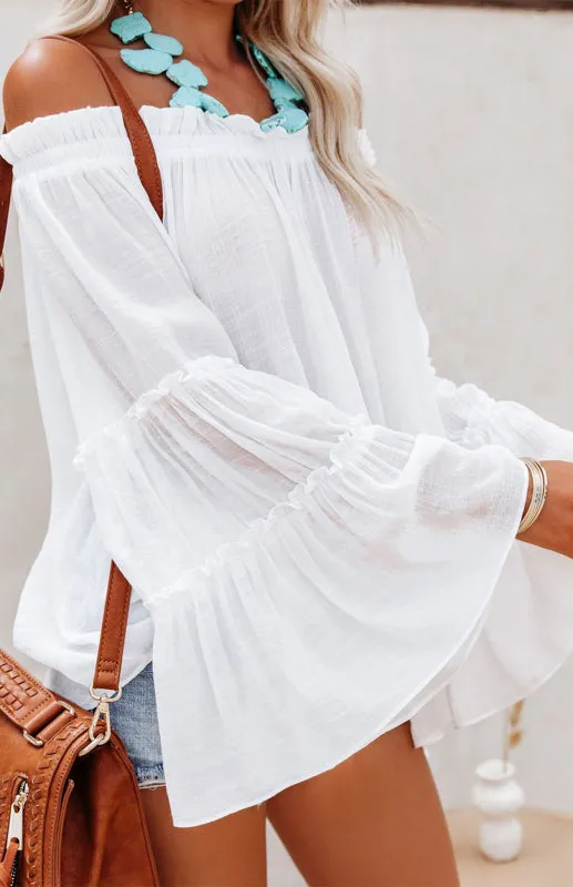 Summer Flowy Off-Shoulder Top  Blouse with Flared Sleeves