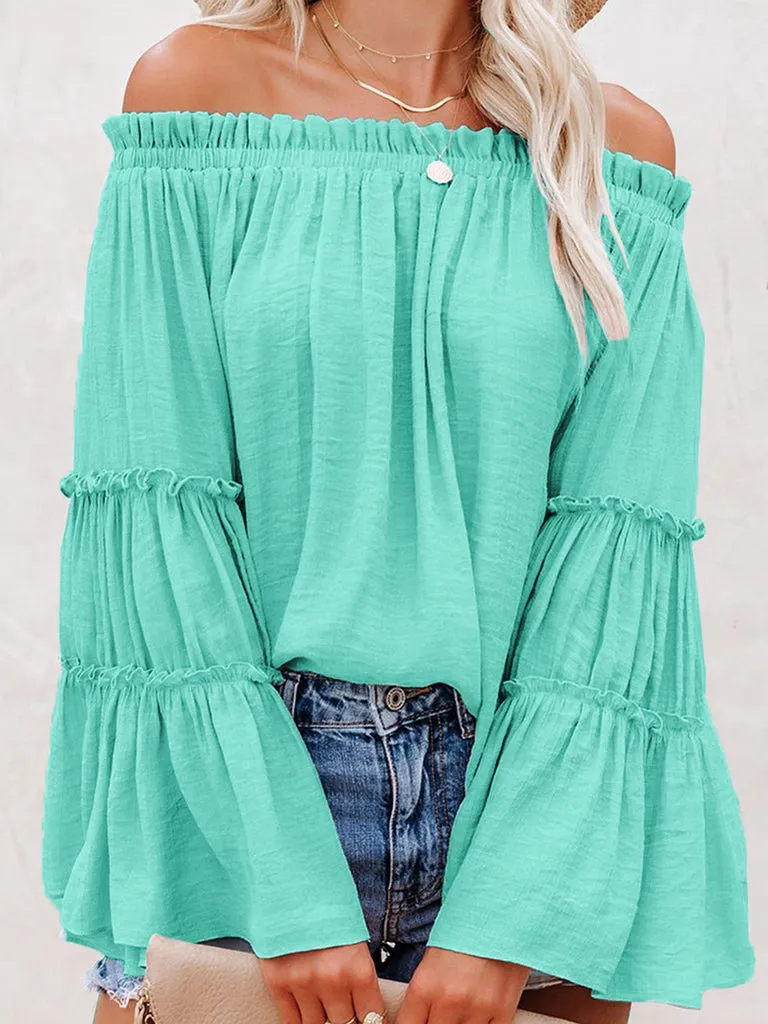 Summer Flowy Off-Shoulder Top  Blouse with Flared Sleeves