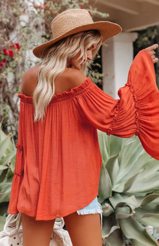 Summer Flowy Off-Shoulder Top  Blouse with Flared Sleeves