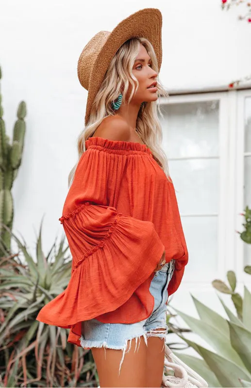 Summer Flowy Off-Shoulder Top  Blouse with Flared Sleeves