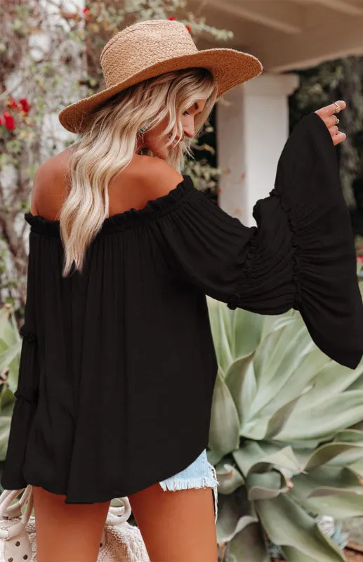 Summer Flowy Off-Shoulder Top  Blouse with Flared Sleeves