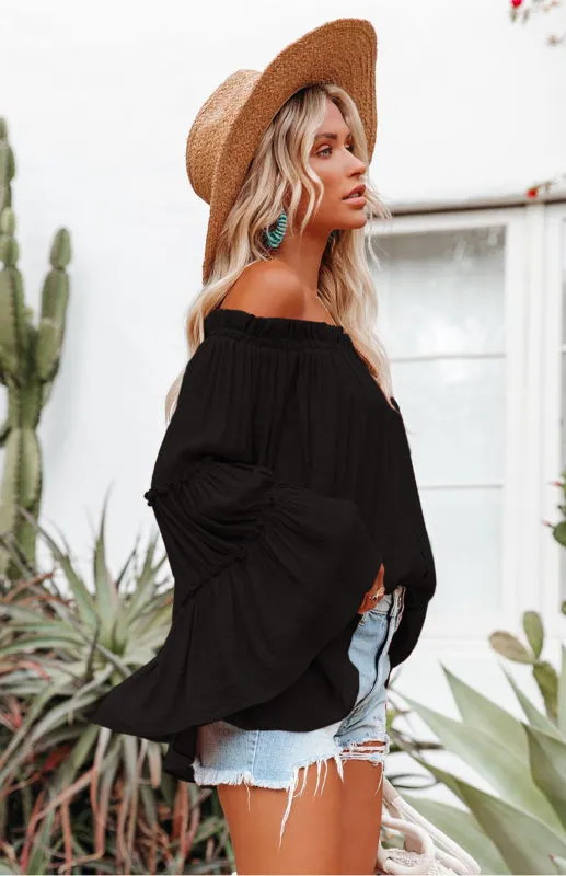 Summer Flowy Off-Shoulder Top  Blouse with Flared Sleeves