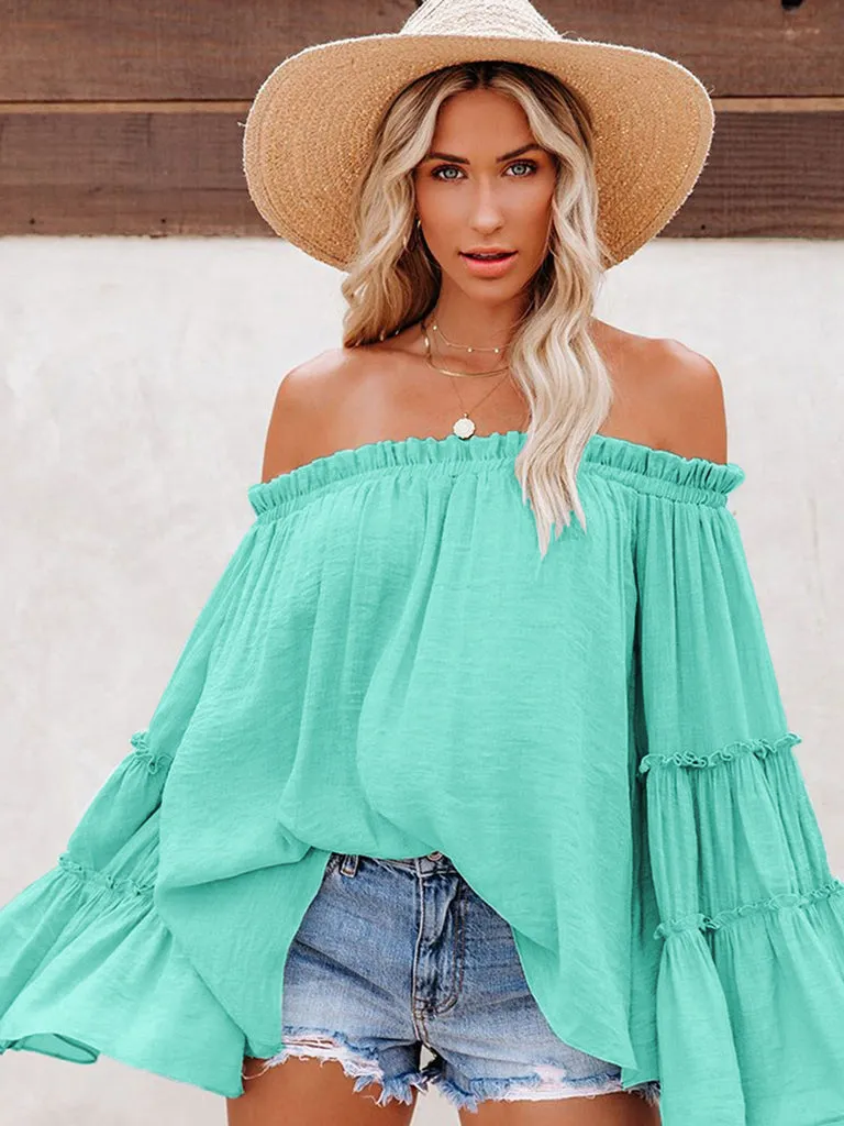 Summer Flowy Off-Shoulder Top  Blouse with Flared Sleeves