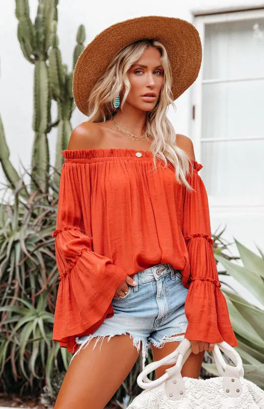 Summer Flowy Off-Shoulder Top  Blouse with Flared Sleeves