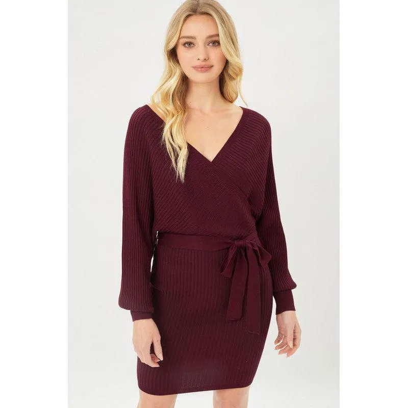 The Willow Off Shoulder Wrap Knit Dress In Brown, Wine, Black Or Camel