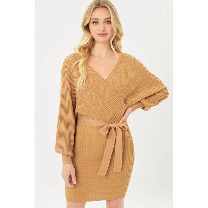 The Willow Off Shoulder Wrap Knit Dress In Brown, Wine, Black Or Camel