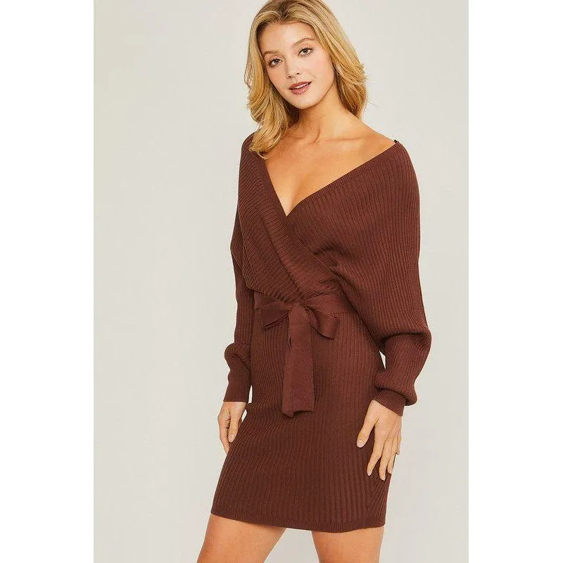 The Willow Off Shoulder Wrap Knit Dress In Brown, Wine, Black Or Camel