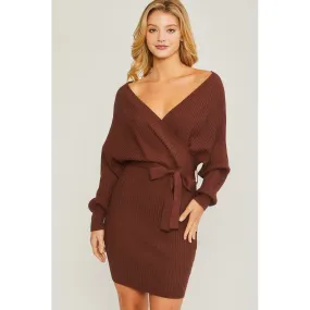 The Willow Off Shoulder Wrap Knit Dress In Brown, Wine, Black Or Camel