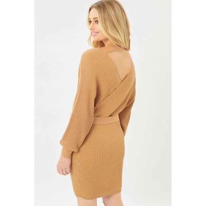 The Willow Off Shoulder Wrap Knit Dress In Brown, Wine, Black Or Camel