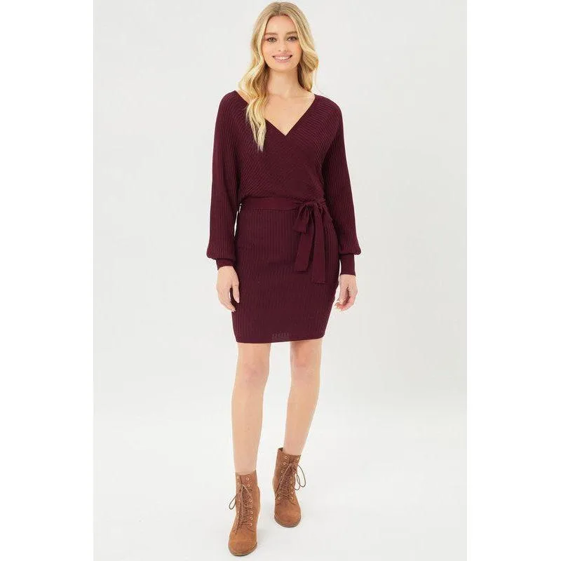 The Willow Off Shoulder Wrap Knit Dress In Brown, Wine, Black Or Camel