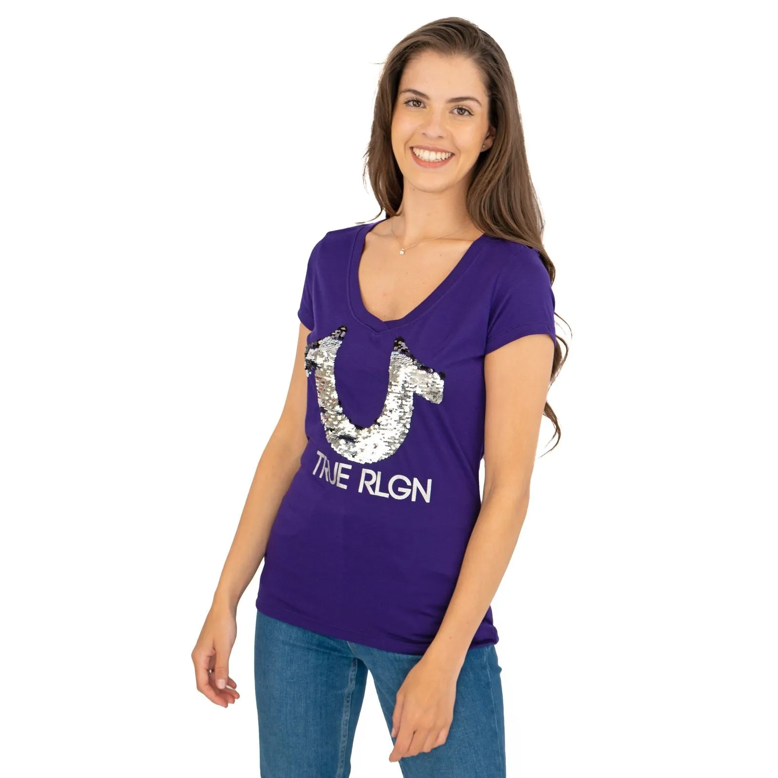 True Religion Purple Sequin Logo Short Sleeve Tops