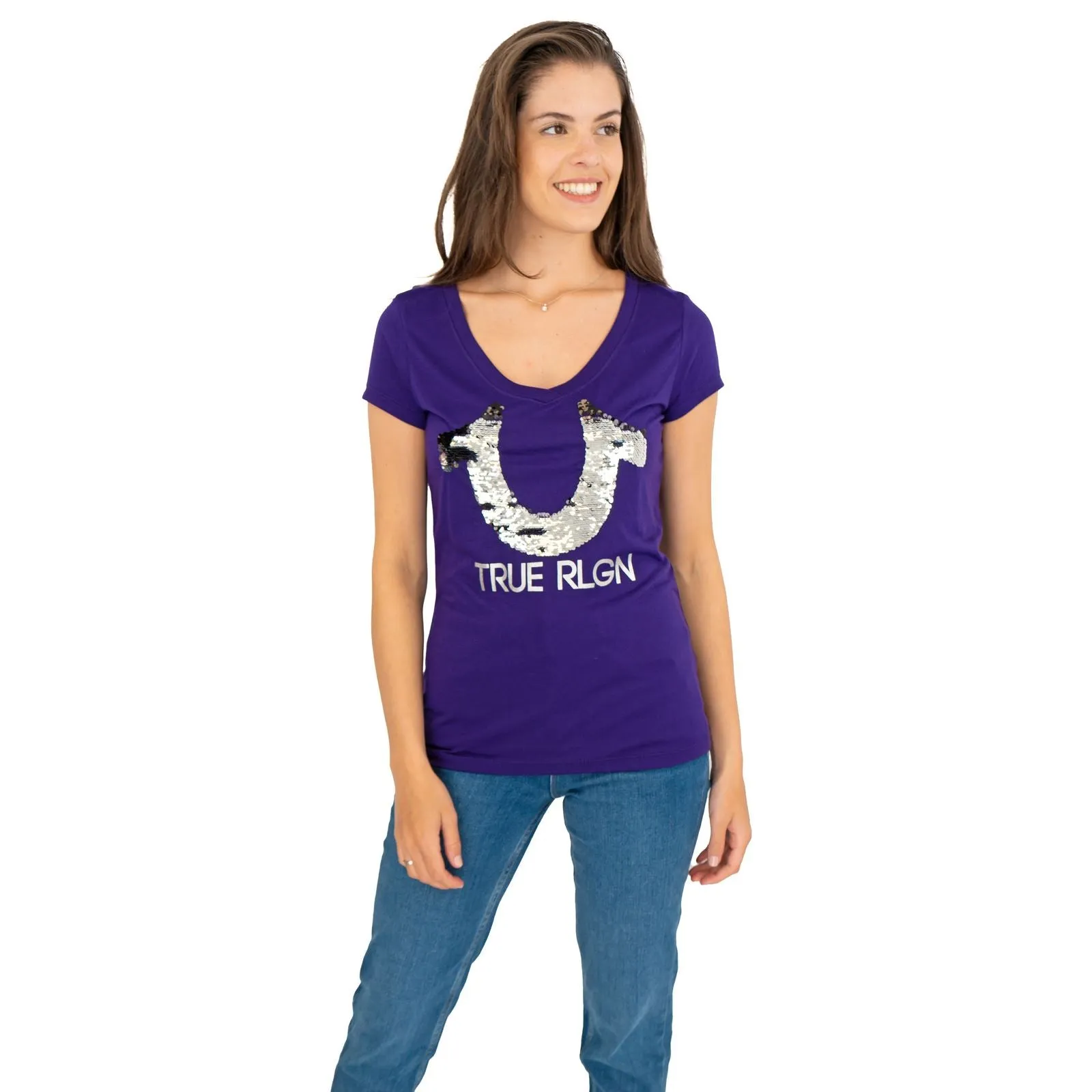 True Religion Purple Sequin Logo Short Sleeve Tops