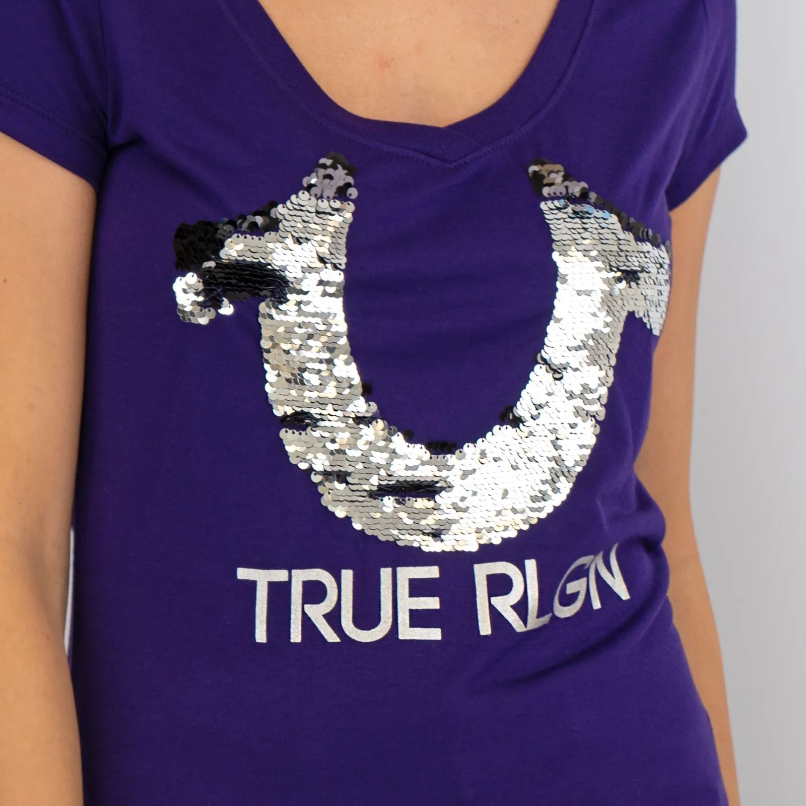 True Religion Purple Sequin Logo Short Sleeve Tops