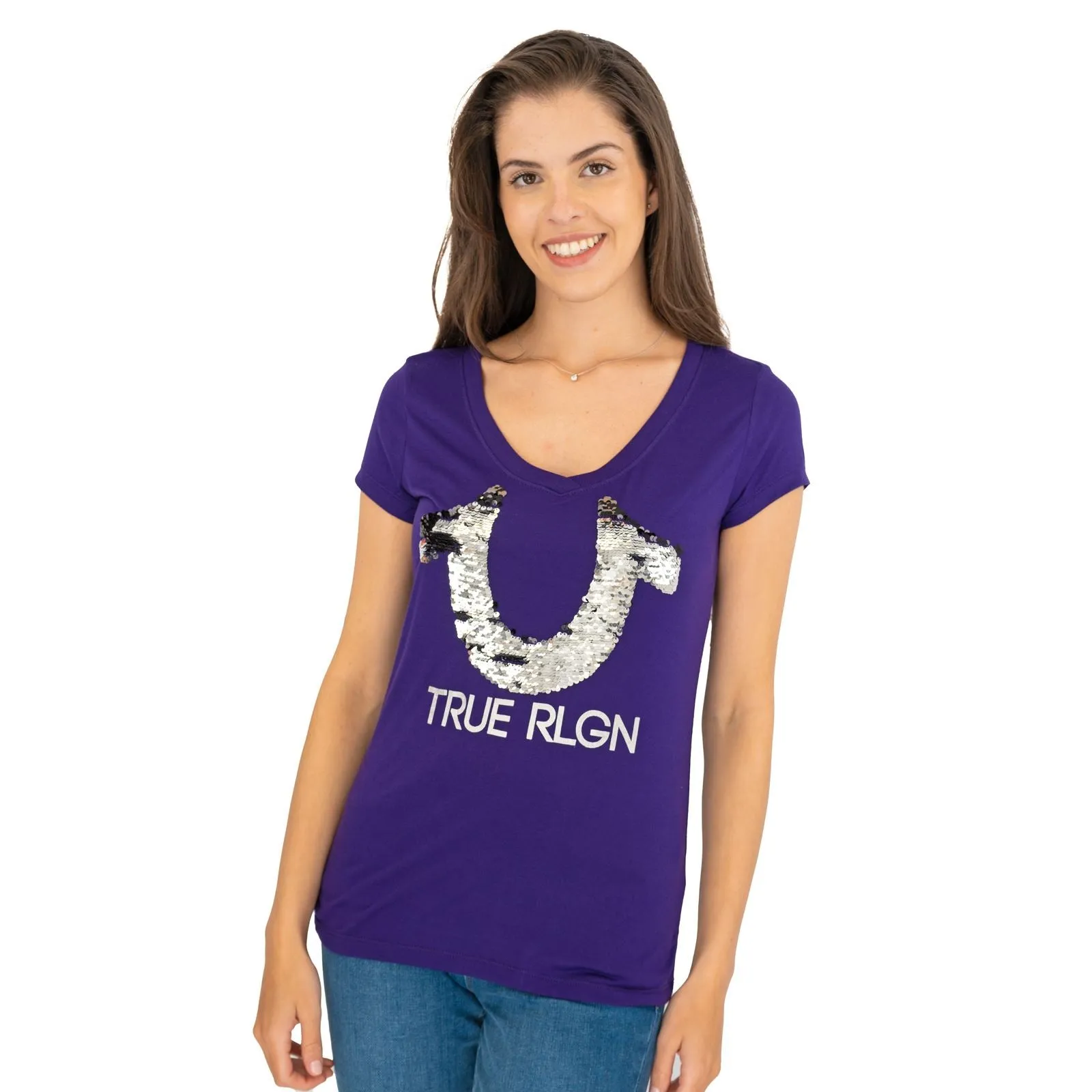 True Religion Purple Sequin Logo Short Sleeve Tops