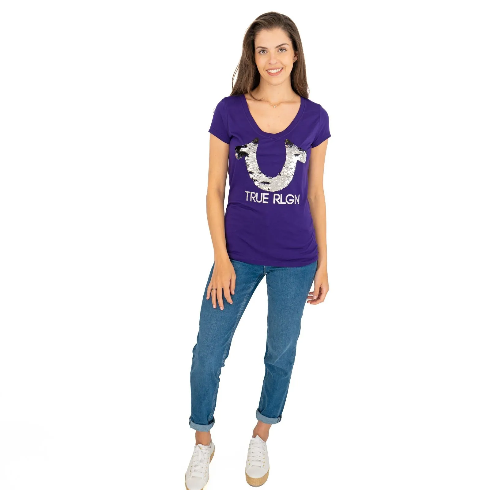 True Religion Purple Sequin Logo Short Sleeve Tops