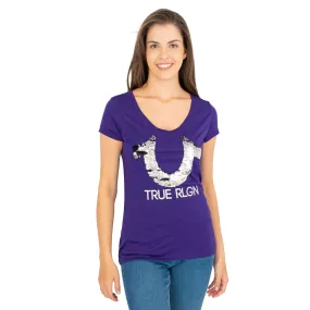 True Religion Purple Sequin Logo Short Sleeve Tops