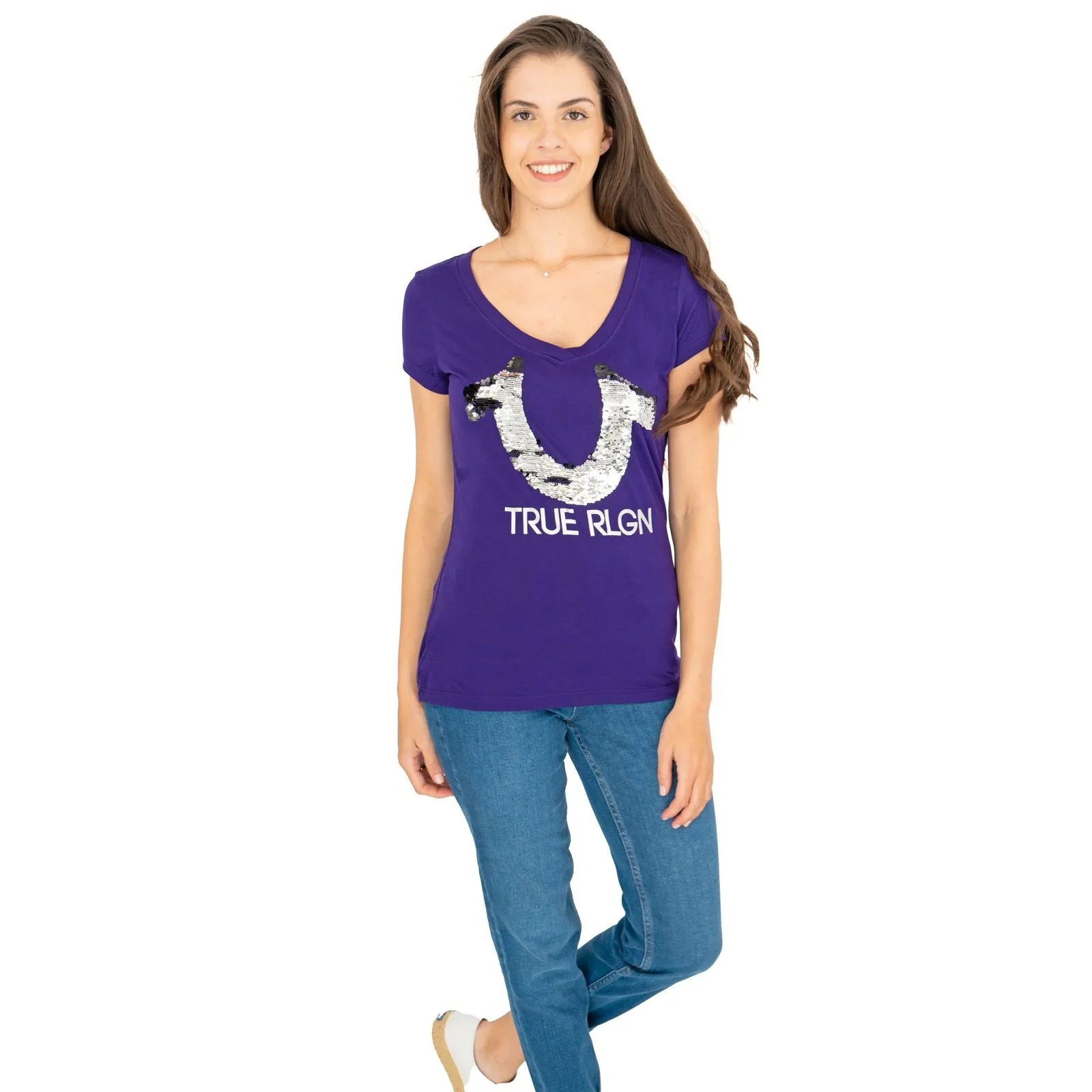 True Religion Purple Sequin Logo Short Sleeve Tops