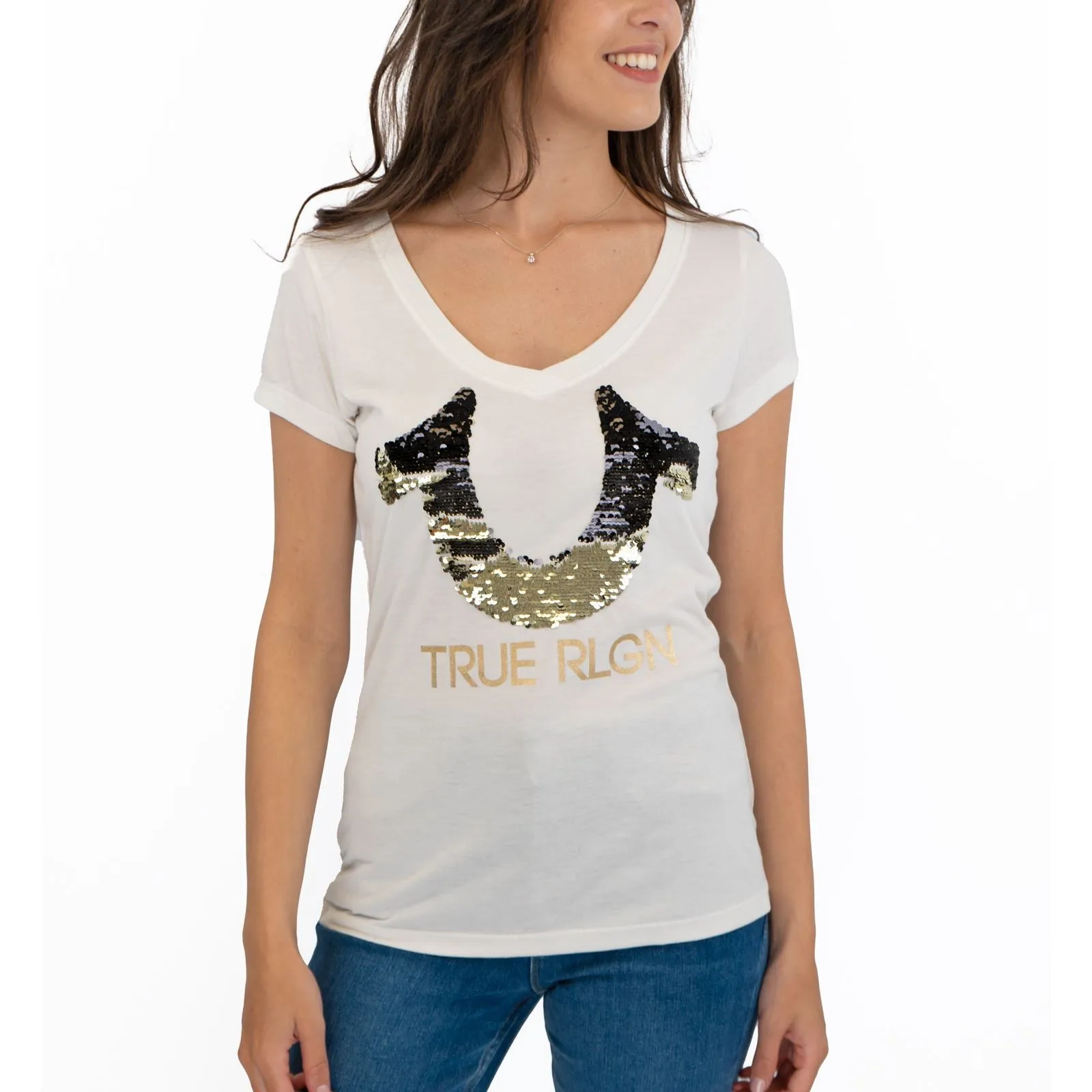 True Religion White Sequin Logo T-Shirts Short Sleeve Tops