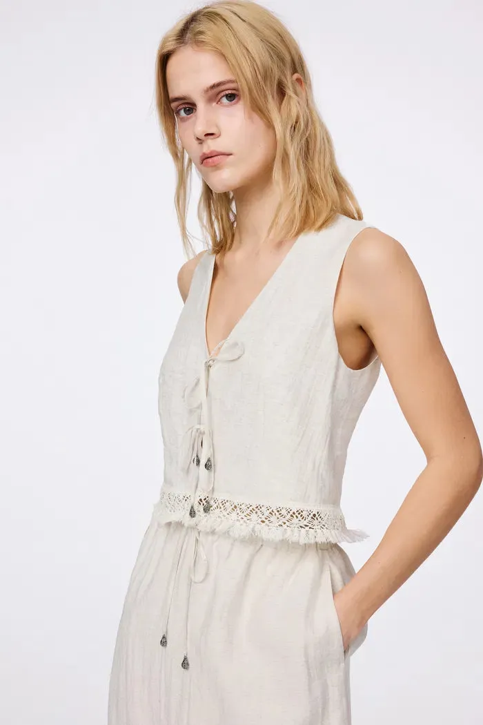 Velia Fringed Vest Set in Cotton Linen