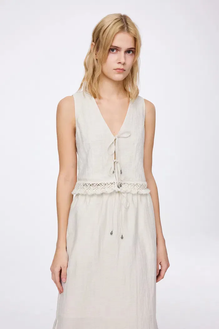 Velia Fringed Vest Set in Cotton Linen