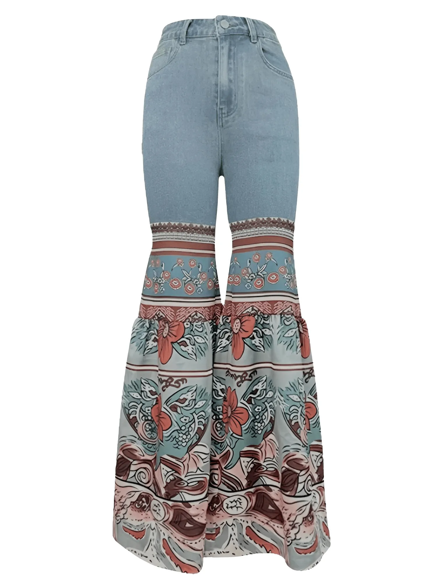 Vintage Floral Patchwork Jeans Women's High Waist Slim Fit Casual High Street Flared Pants