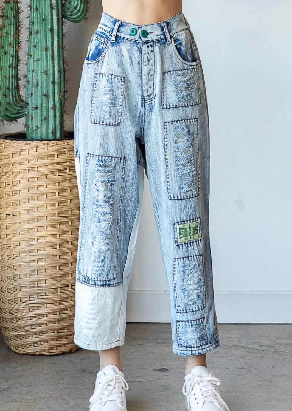 Washed Distressed Patched Jean  #150