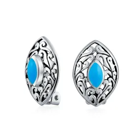 Western Filigree Marquise Blue Turquoise Clip-On Earrings Non-Pierced Sterling Silver