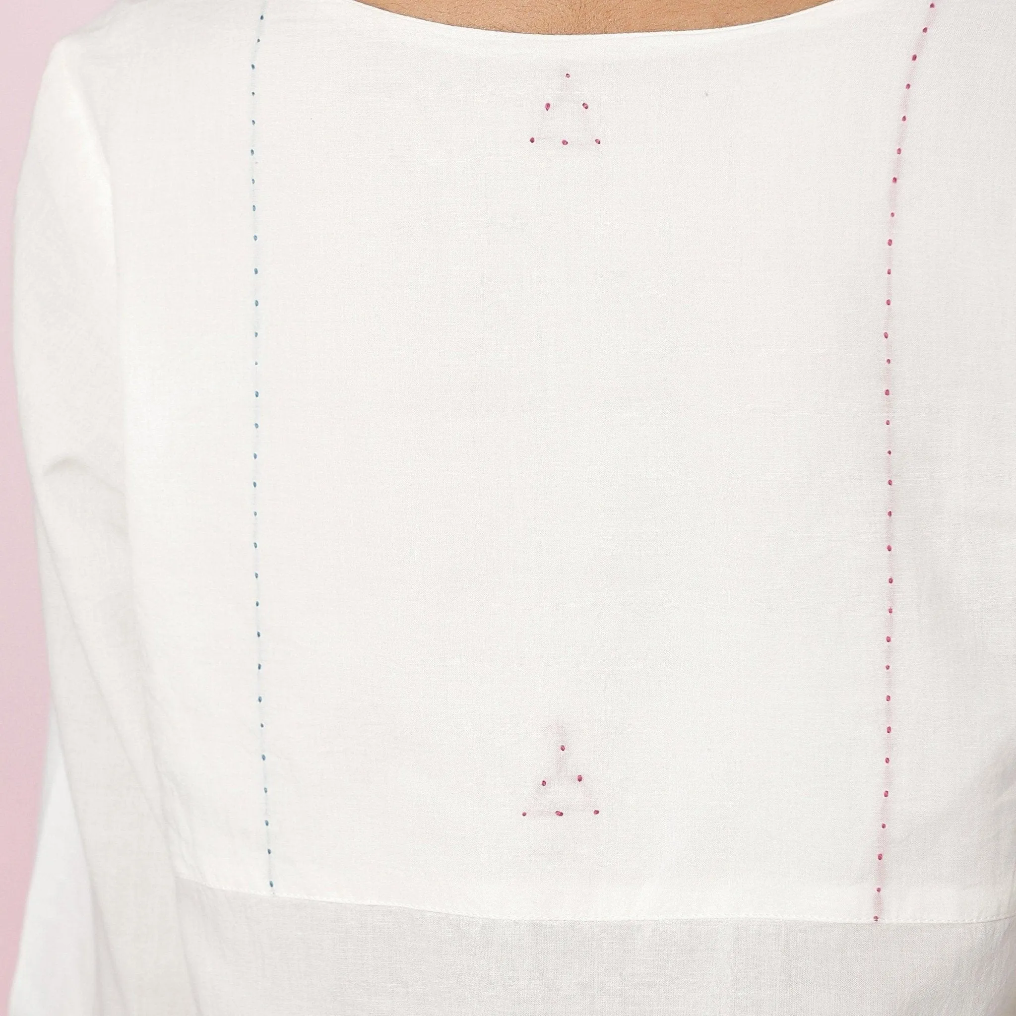 White Organic Cotton Embroidered Split Neck Top