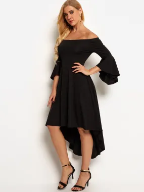 Wholesale Black Off The Shoulder 3/4 Length Sleeve High-Low Hem Dresses