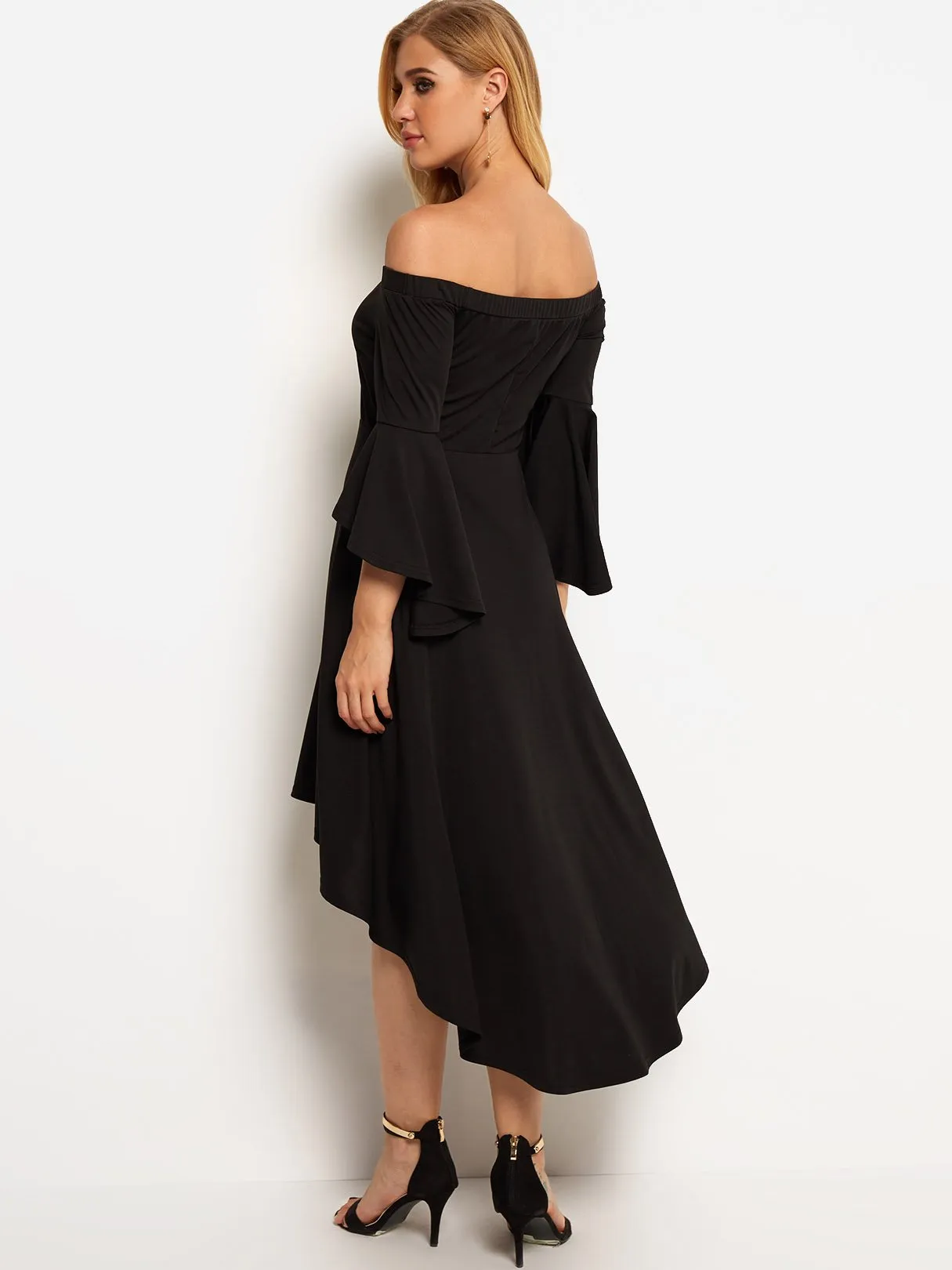 Wholesale Black Off The Shoulder 3/4 Length Sleeve High-Low Hem Dresses