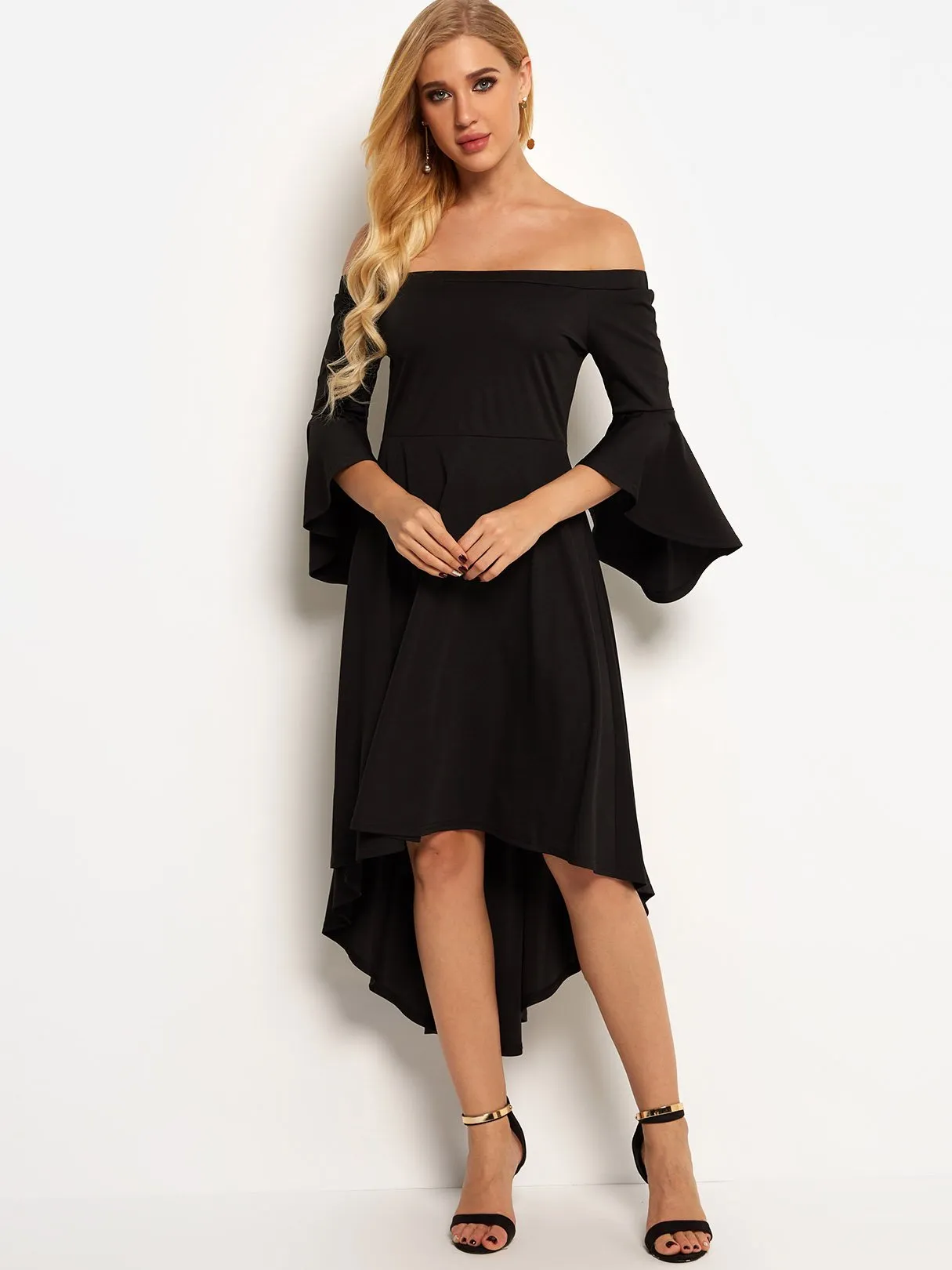 Wholesale Black Off The Shoulder 3/4 Length Sleeve High-Low Hem Dresses