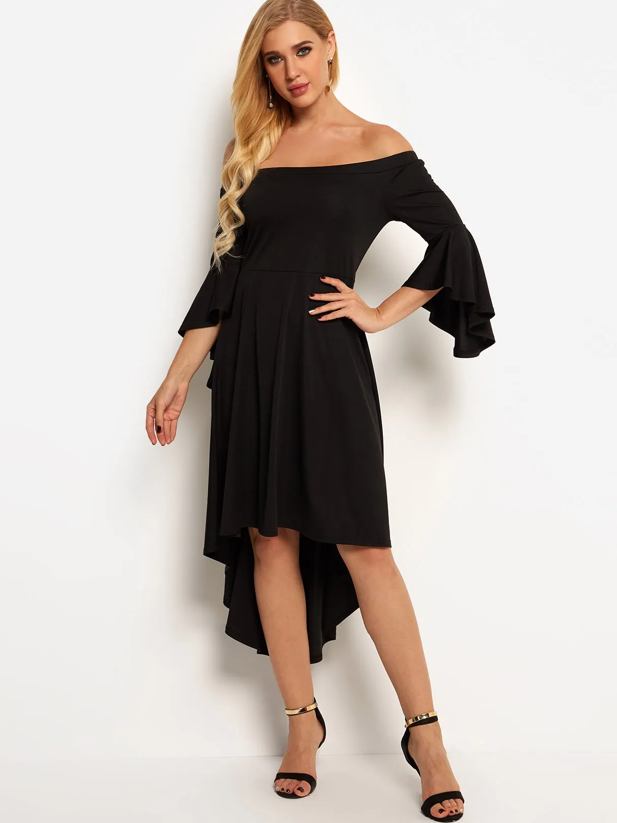 Wholesale Black Off The Shoulder 3/4 Length Sleeve High-Low Hem Dresses