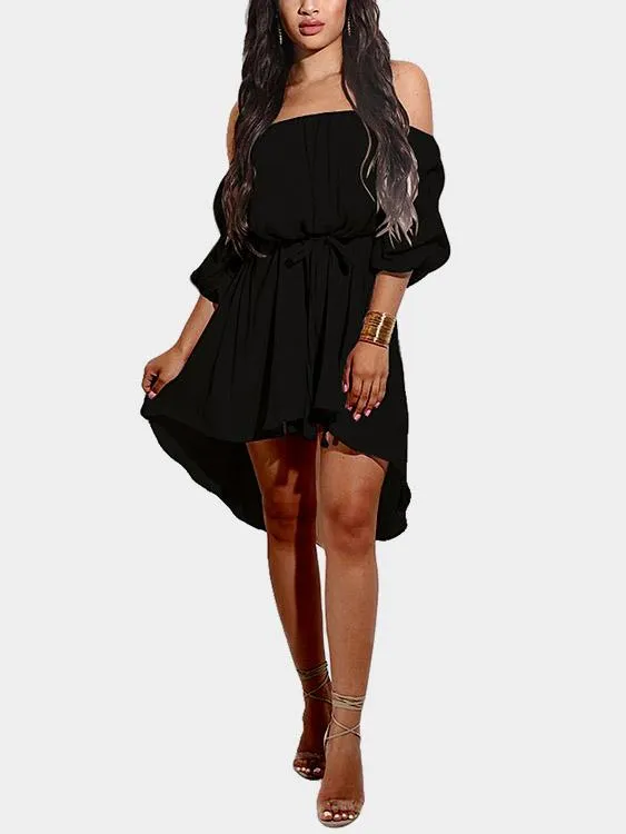 Wholesale Black Off The Shoulder Half Sleeve Curved Hem Dresses