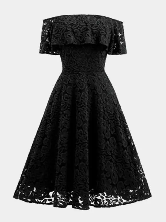 Wholesale Black Off The Shoulder Short Sleeve Lace Zip Back Ruffle Hem Dress