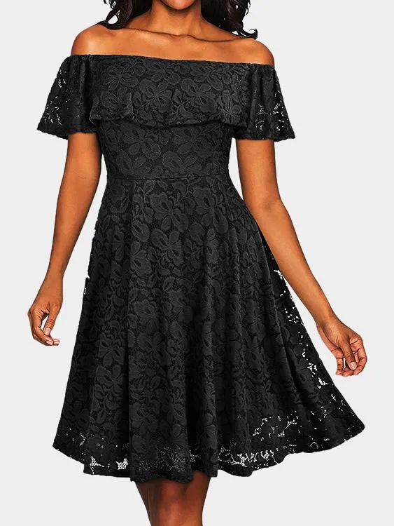 Wholesale Black Off The Shoulder Short Sleeve Lace Zip Back Ruffle Hem Dress