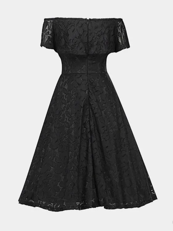 Wholesale Black Off The Shoulder Short Sleeve Lace Zip Back Ruffle Hem Dress