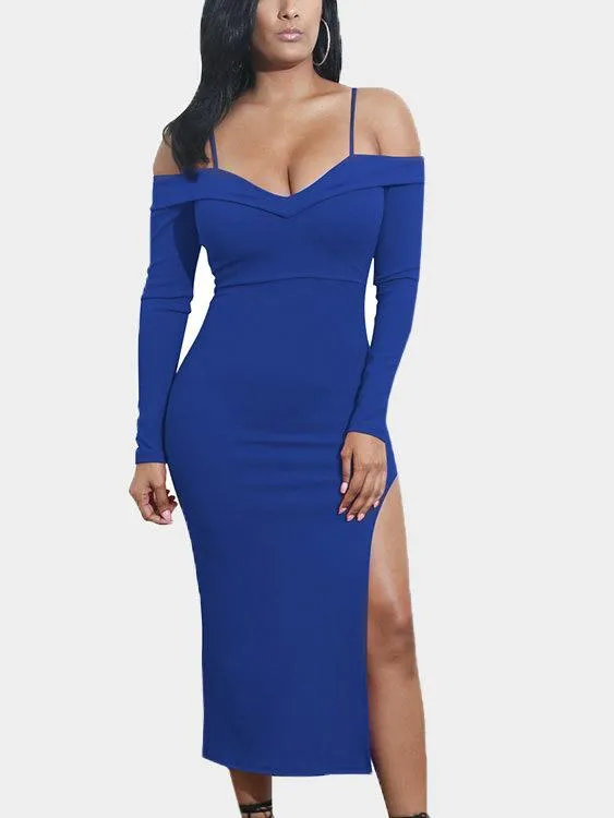 Wholesale Off The Shoulder Long Sleeve Slit Hem Dress