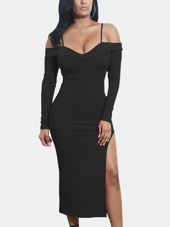 Wholesale Off The Shoulder Long Sleeve Slit Hem Dress