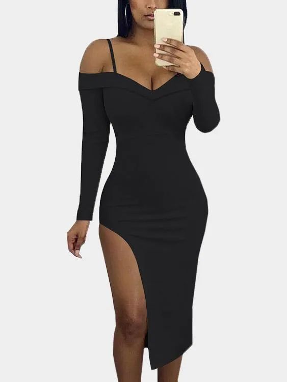 Wholesale Off The Shoulder Long Sleeve Slit Hem Dress