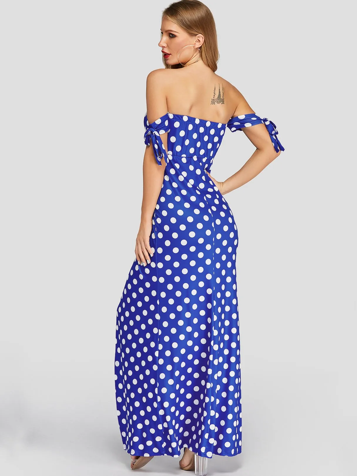 Wholesale Off The Shoulder Short Sleeve Polka Dot Slit Hem Dresses