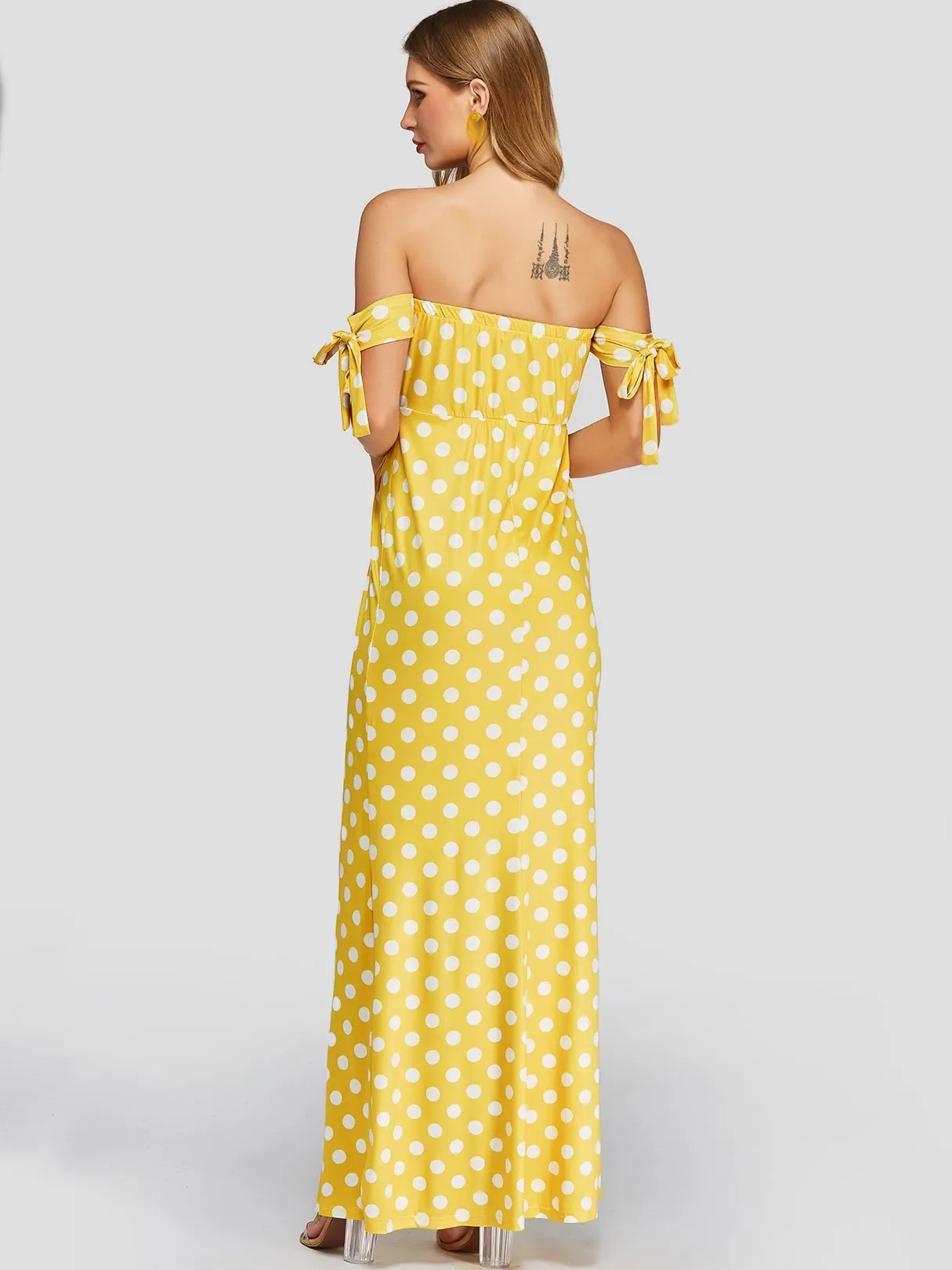 Wholesale Off The Shoulder Short Sleeve Polka Dot Slit Hem Dresses